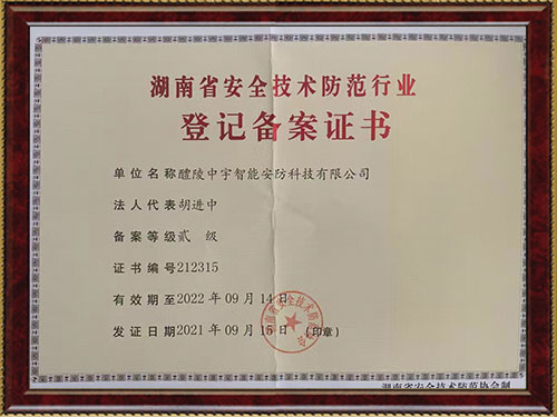 湖南省安全技術(shù)防范行業(yè) 登記備案證書